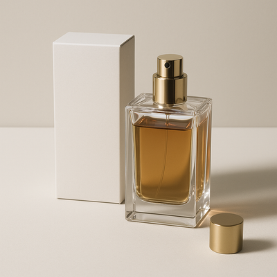 Flacons de parfumerie élégants exposés dans une vitrine luxueuse