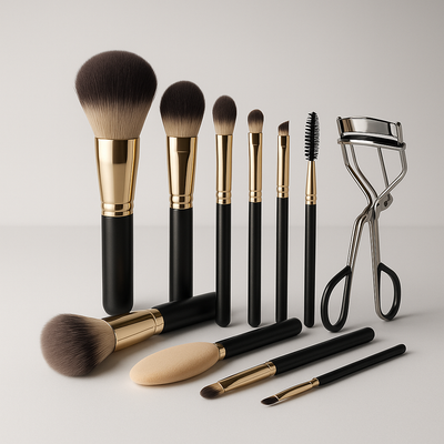Collection de pinceaux et outils de maquillage sur un fond lumineux