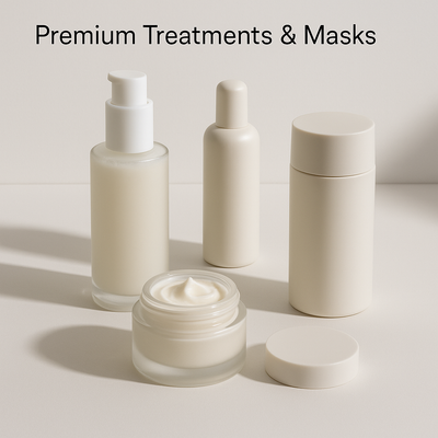 Soins et masques pour le visage exposés montrant des textures variées