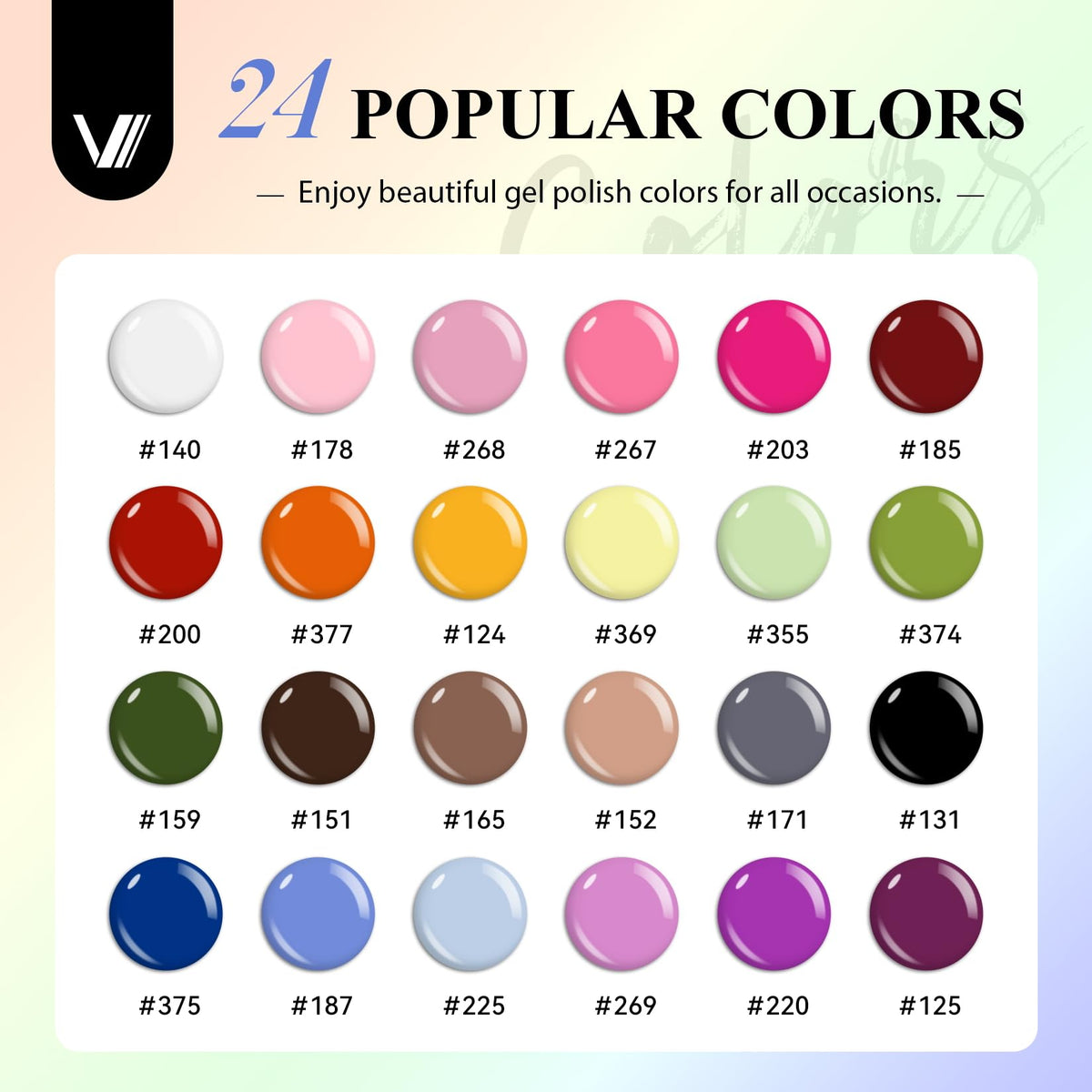 24 flacons de vernis gel colorés dans le kit VANREESA