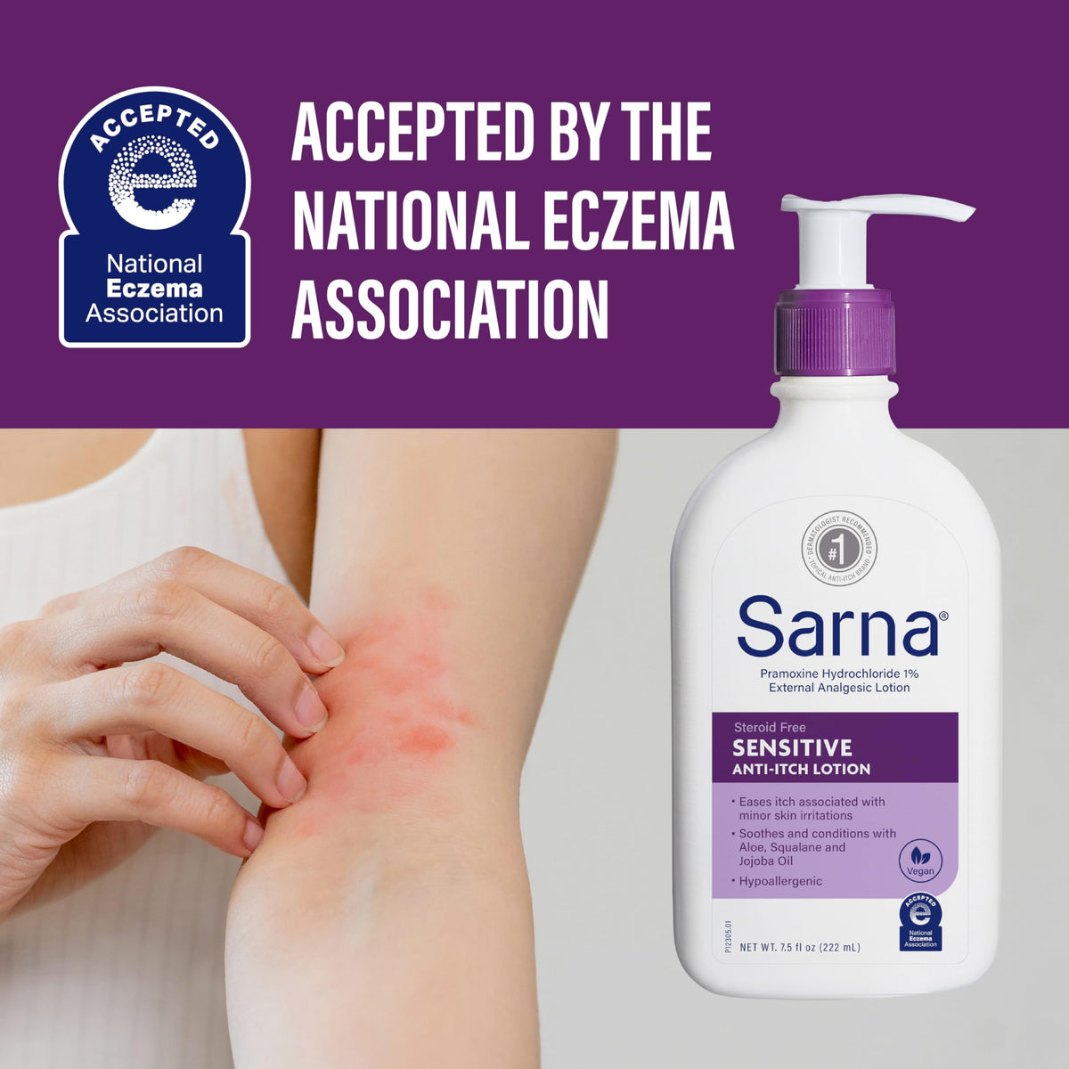 Application de la lotion Sarna Sensitive sur la peau