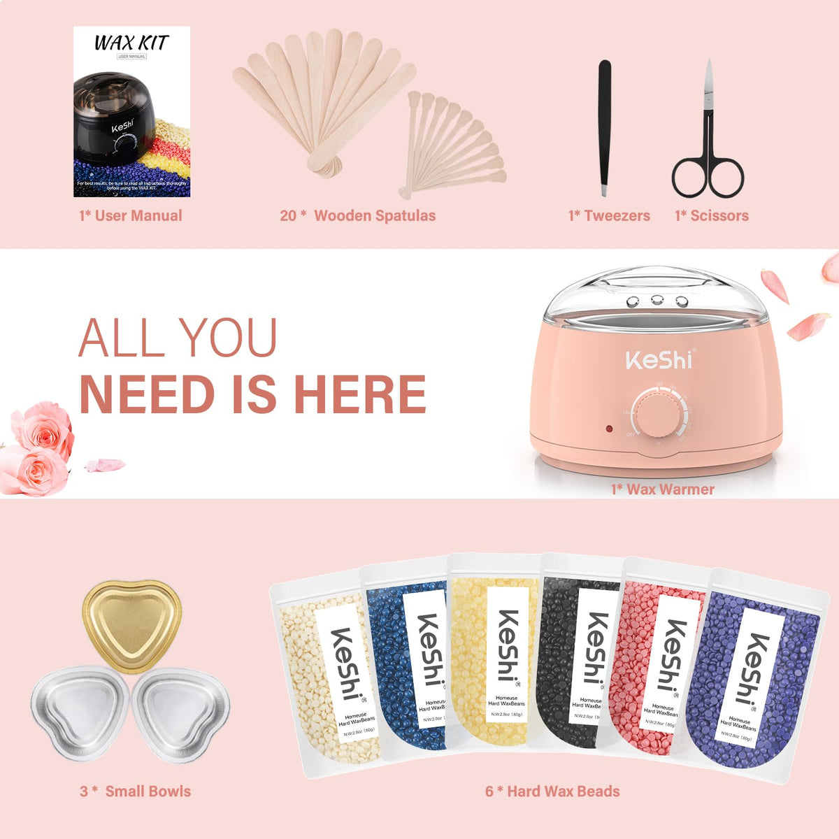 Accessoires du kit d'épilation KeShi avec applicateurs et ciseaux