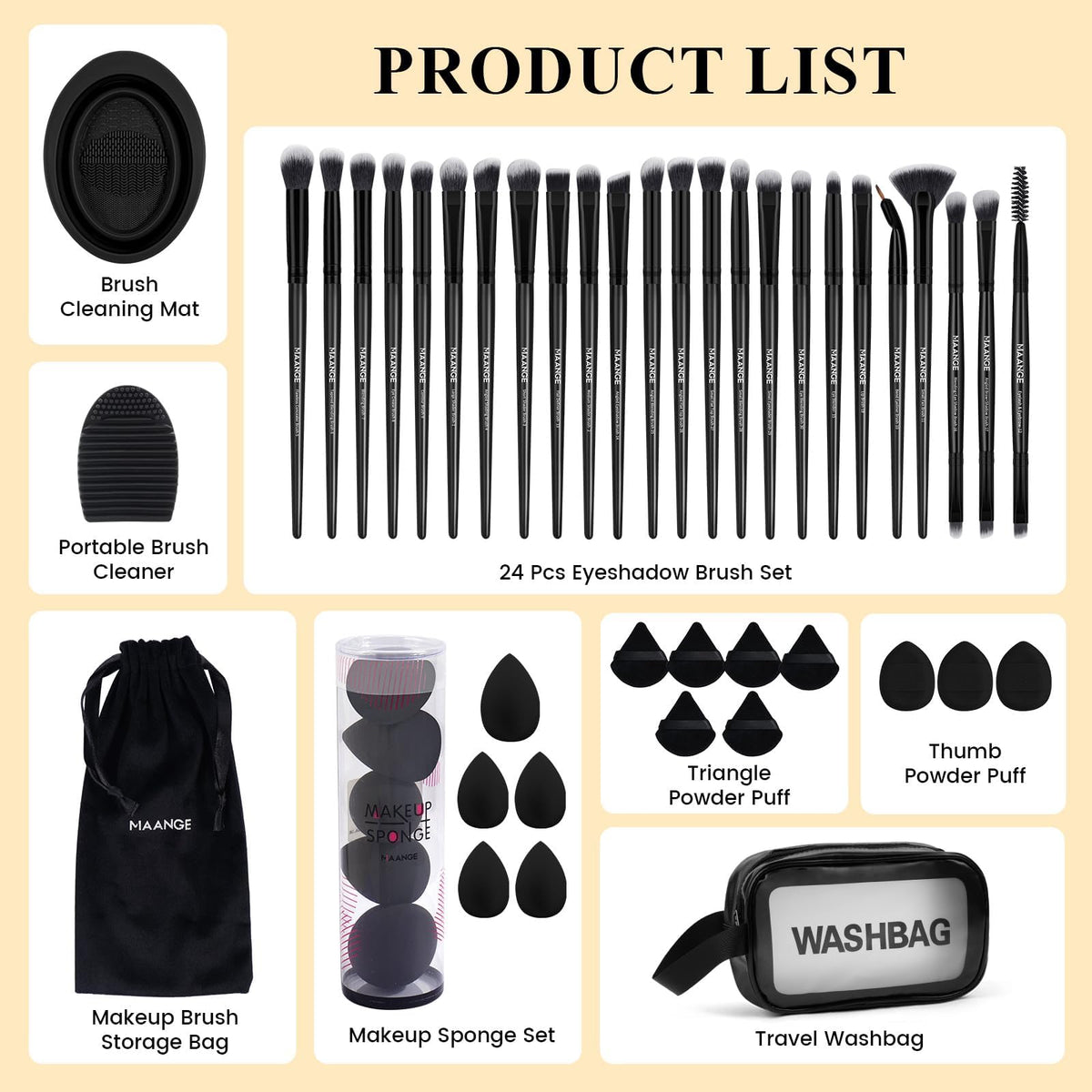Accessoires inclus dans le set MAANGE, éponges et coussinets