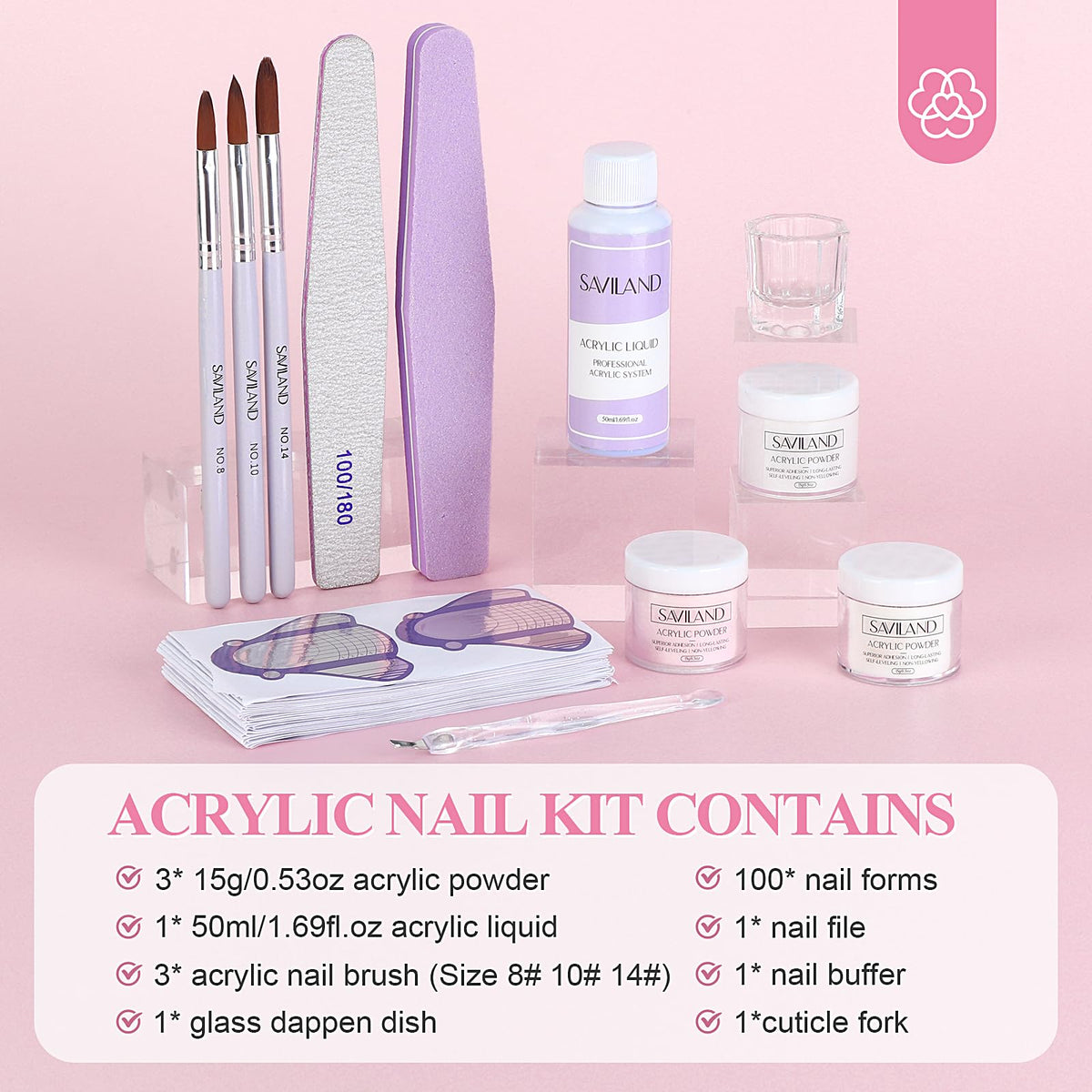 Acrylique en poudre blanche, rose et transparente du kit SAVILAND