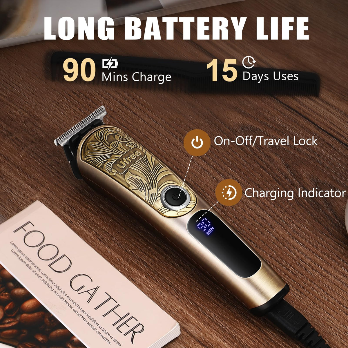 Affichage LCD du kit de rasage Ufree montrant la batterie