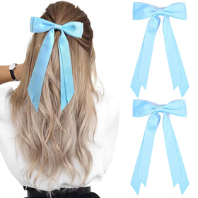 Aileam Bows à Cheveux en Satin bleu modèle avant avec clip alligator