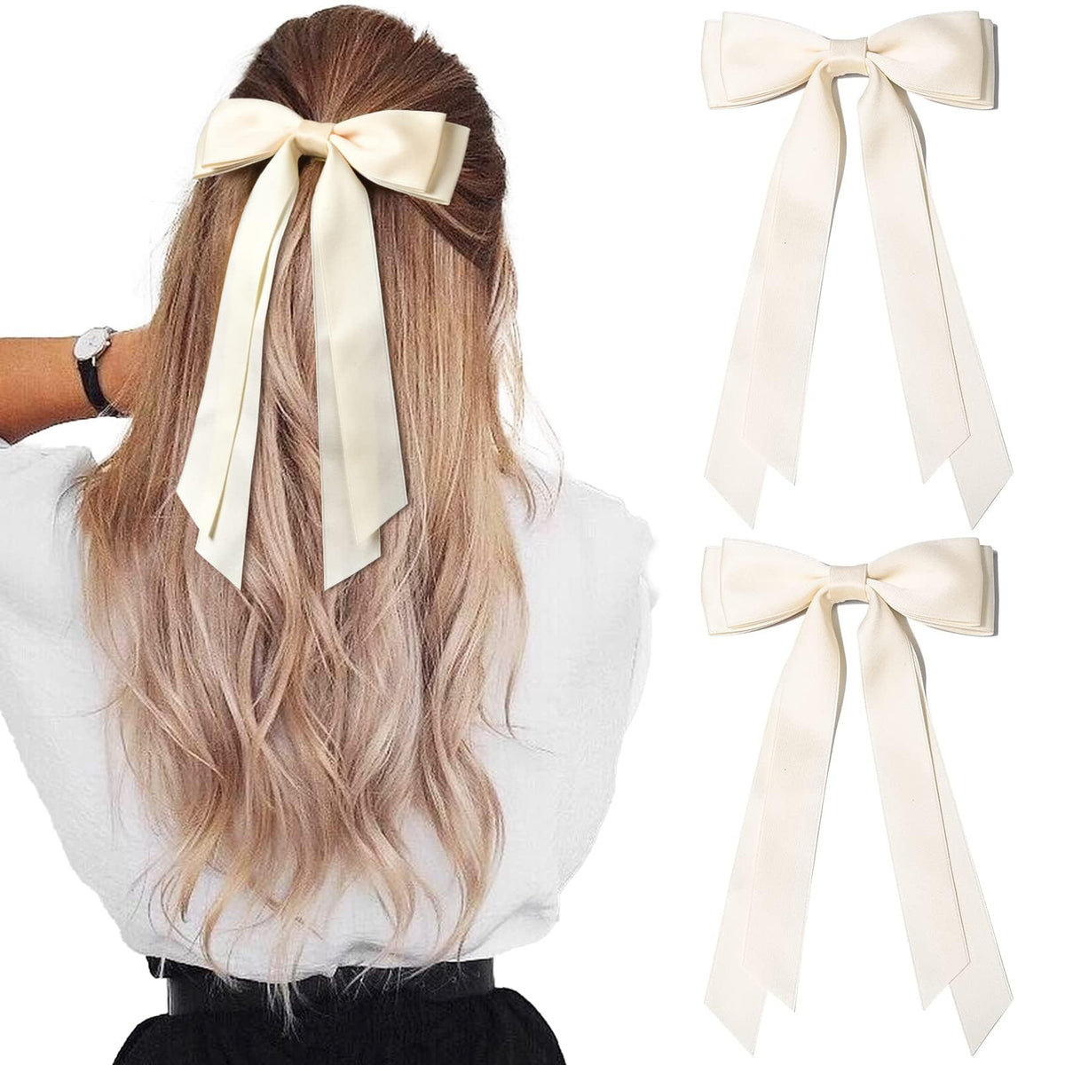 Aileam Bows Satiné 2PCS beige clair vue avant avec clip crocodile