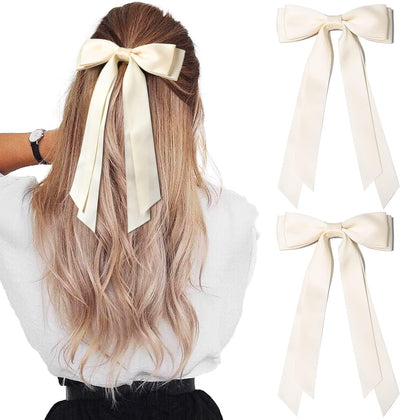 Aileam Bows Satiné 2PCS beige clair vue avant avec clip crocodile