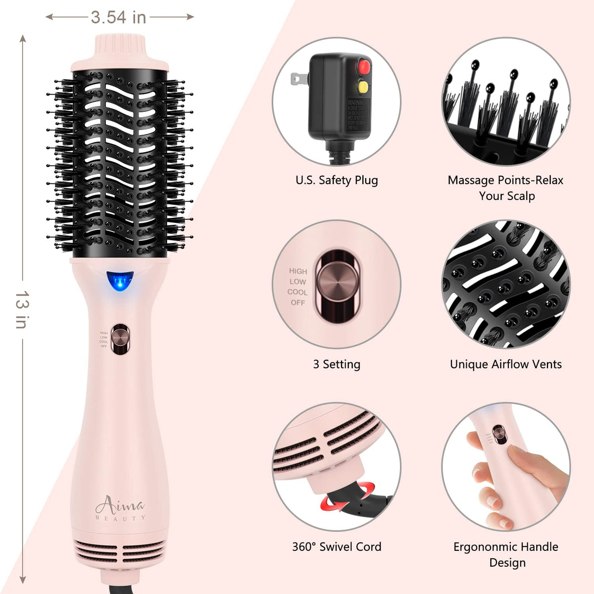 Aima Beauty Brosse Sèche Cheveux rose avec accessoires