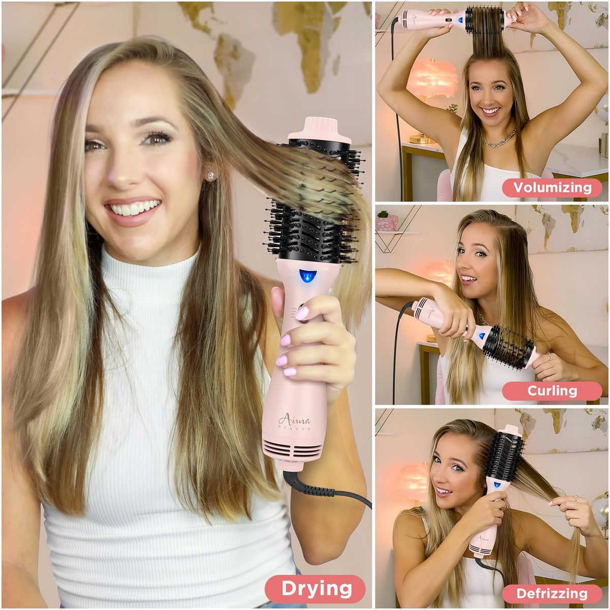 Aima Beauty Brosse Sèche Cheveux rose avec réglages de chaleur