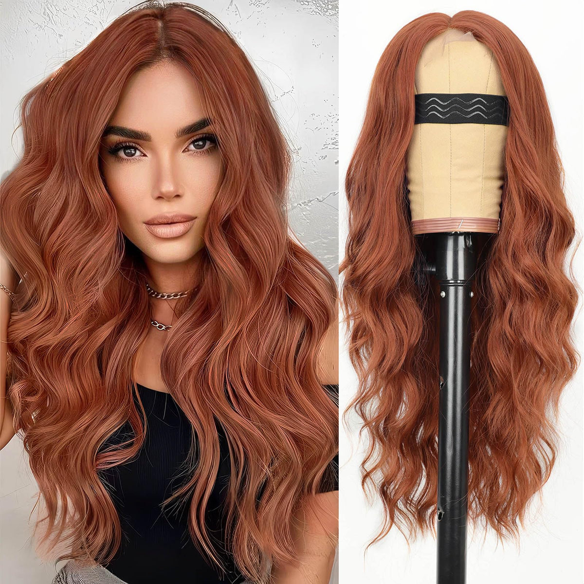 AISI HAIR Perruque auburn 26 pouces vue avant avec ondulations
