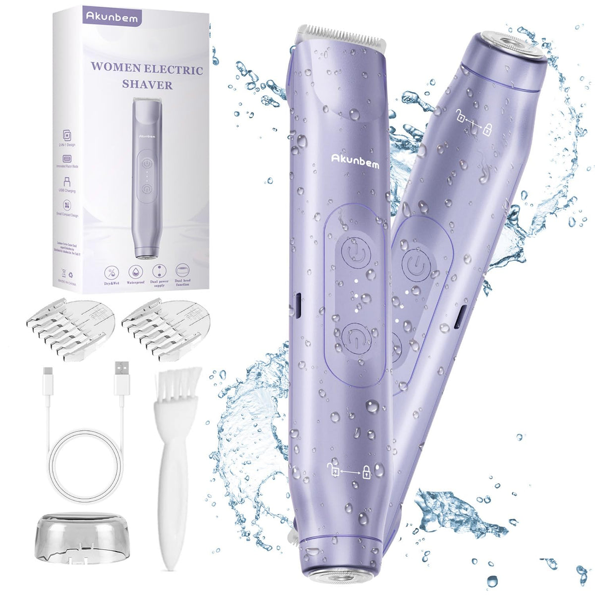 Akunbem tondeuse bikini électrique 2 en 1 vue avant avec double tête