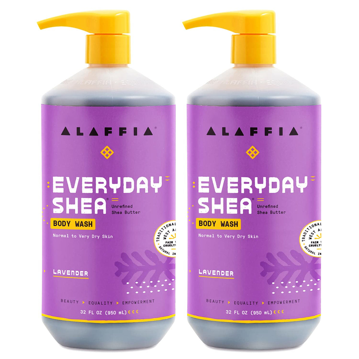 Alaffia Gel Douche Everyday Shea Lavande 2-Pack, vue avant des flacons