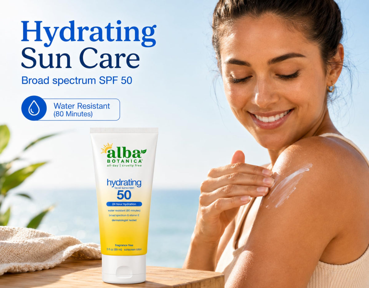 Alba Botanica Crème Solaire Hydratante SPF 50 application sur peau