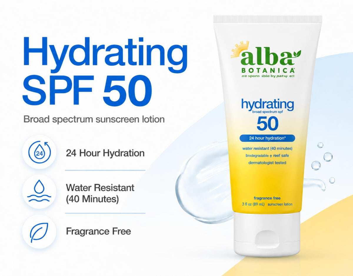 Alba Botanica Crème Solaire Hydratante SPF 50 tube avec plage en arrière-plan