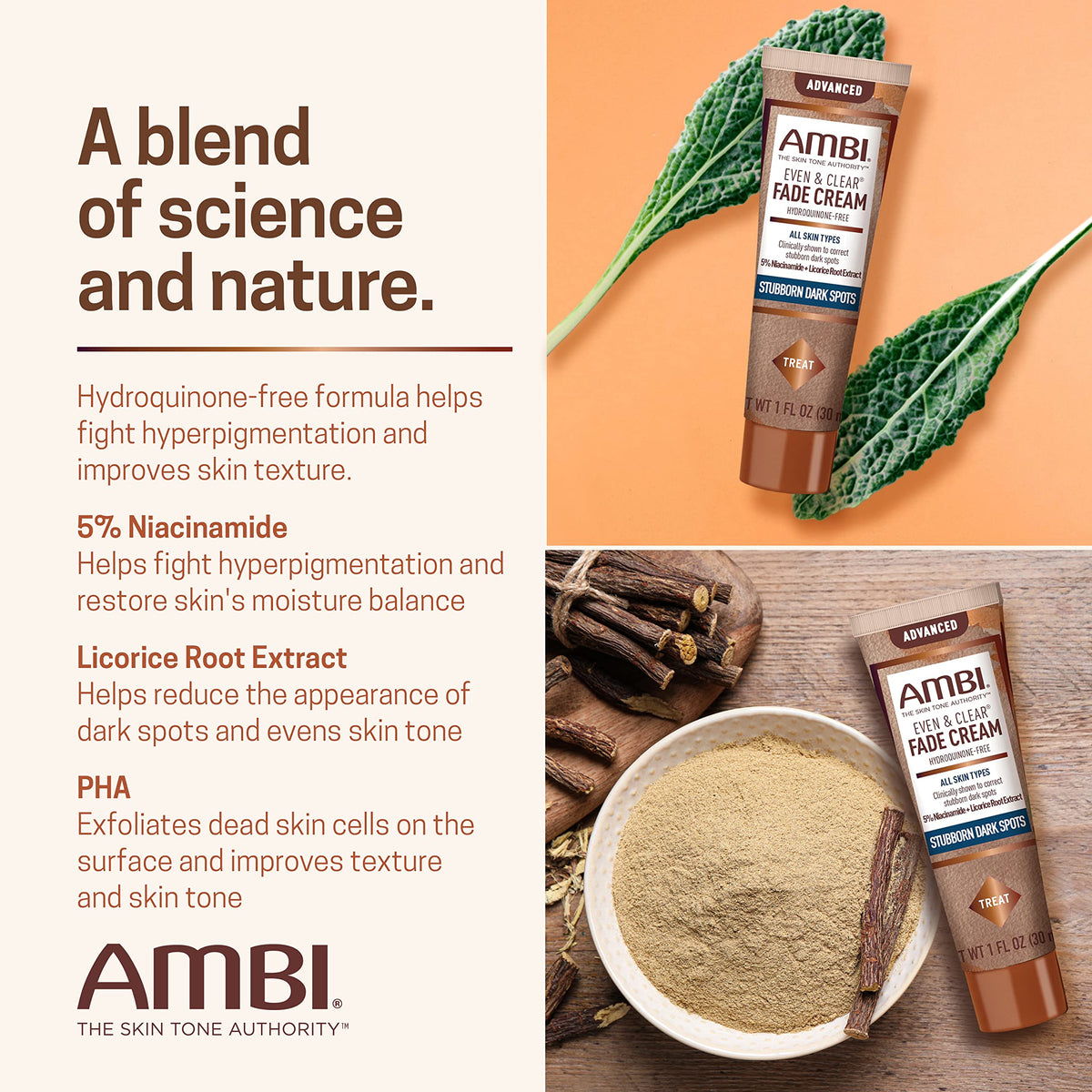 Ambi Crème Éclaircissante Avancée 50g avec ingrédients clés