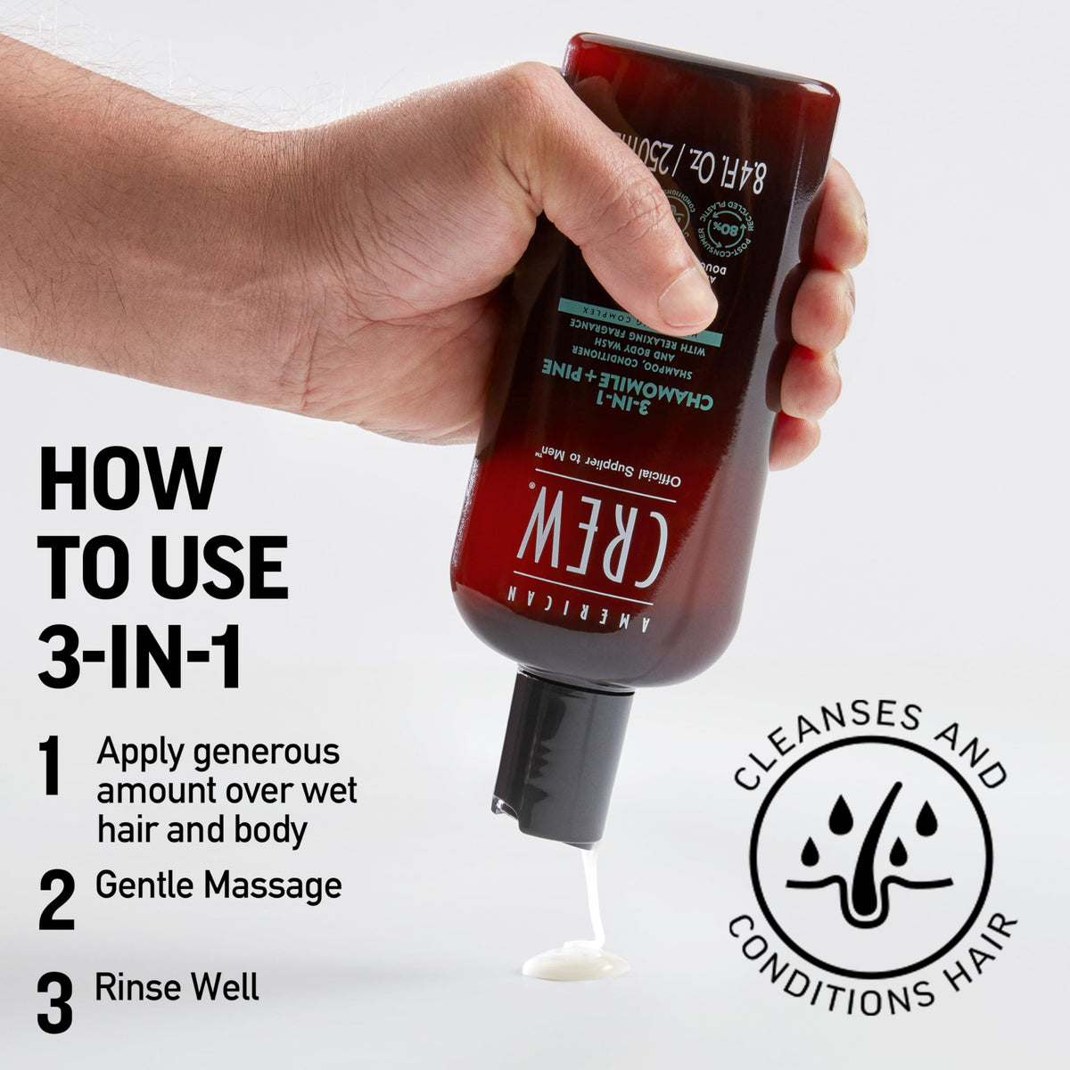AMERICAN CREW Shampooing 3-en-1, bouteille avec bouchon ouvert