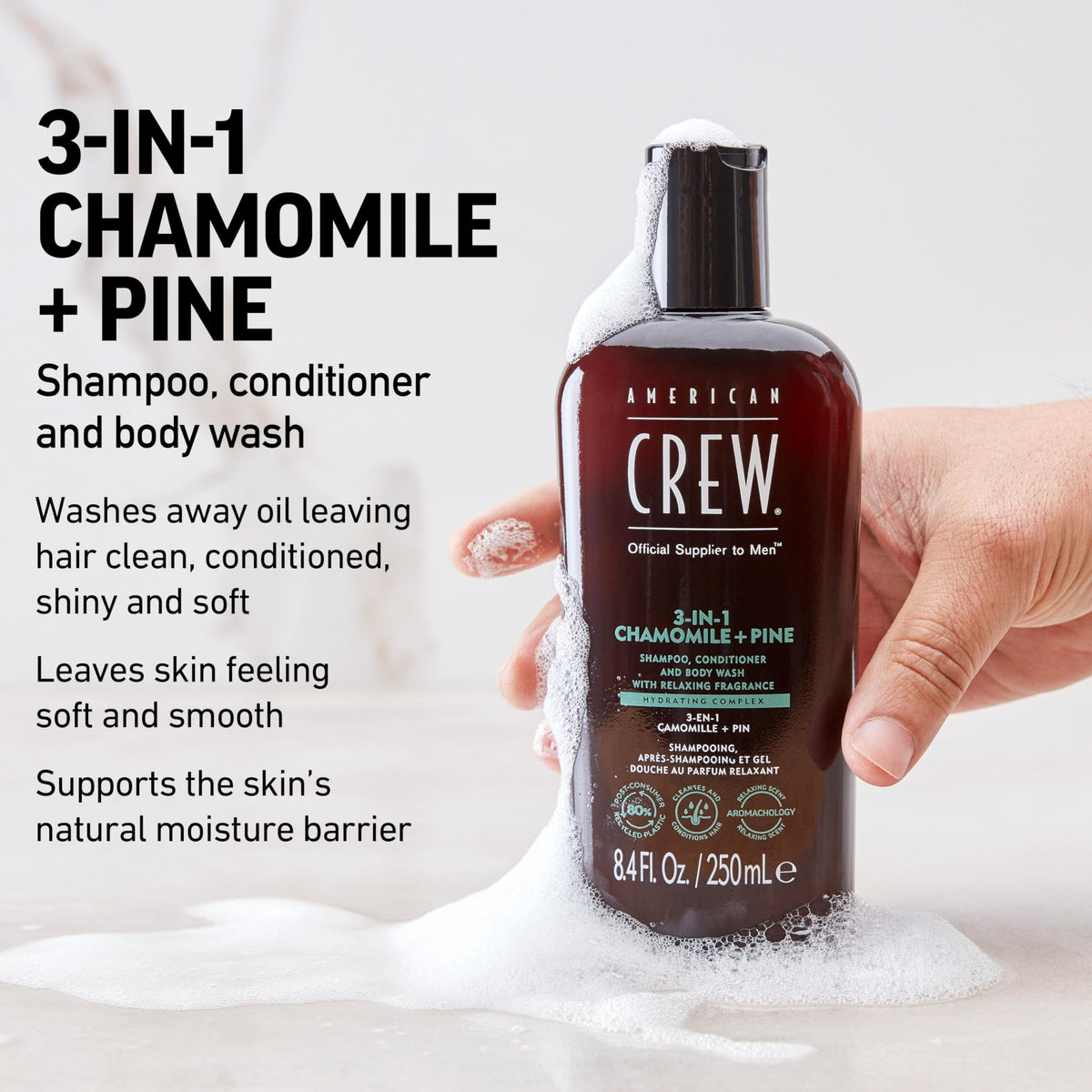 AMERICAN CREW Shampooing 3-en-1, bouteille vue de côté