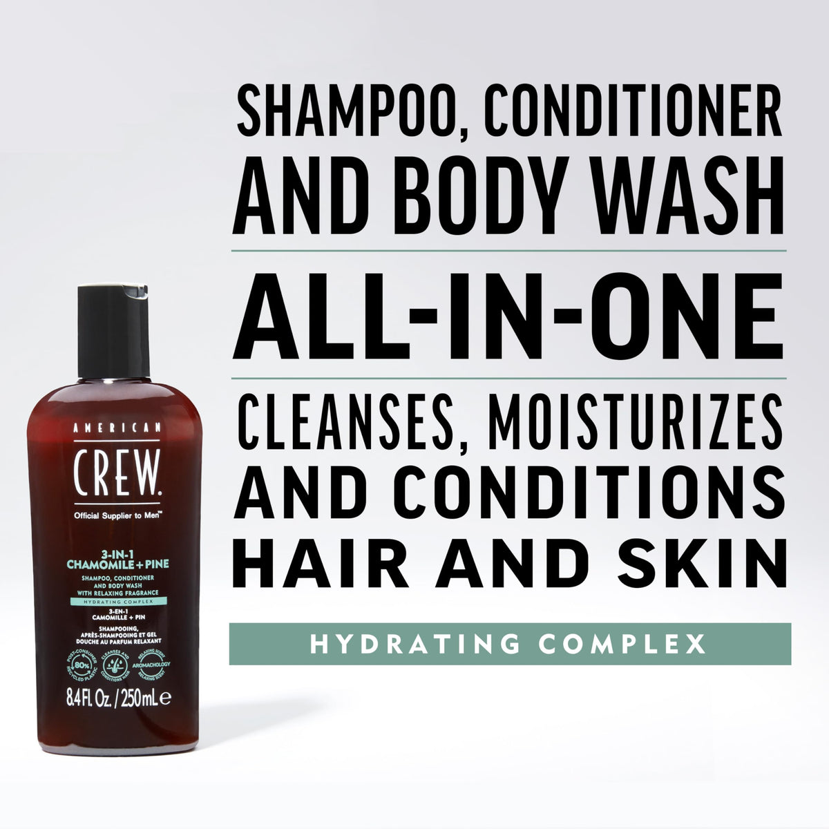 AMERICAN CREW Shampooing 3-en-1, vue arrière avec ingrédients