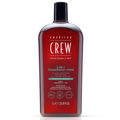 AMERICAN CREW Shampooing 3-en-1, vue avant avec étiquette camomille et pin