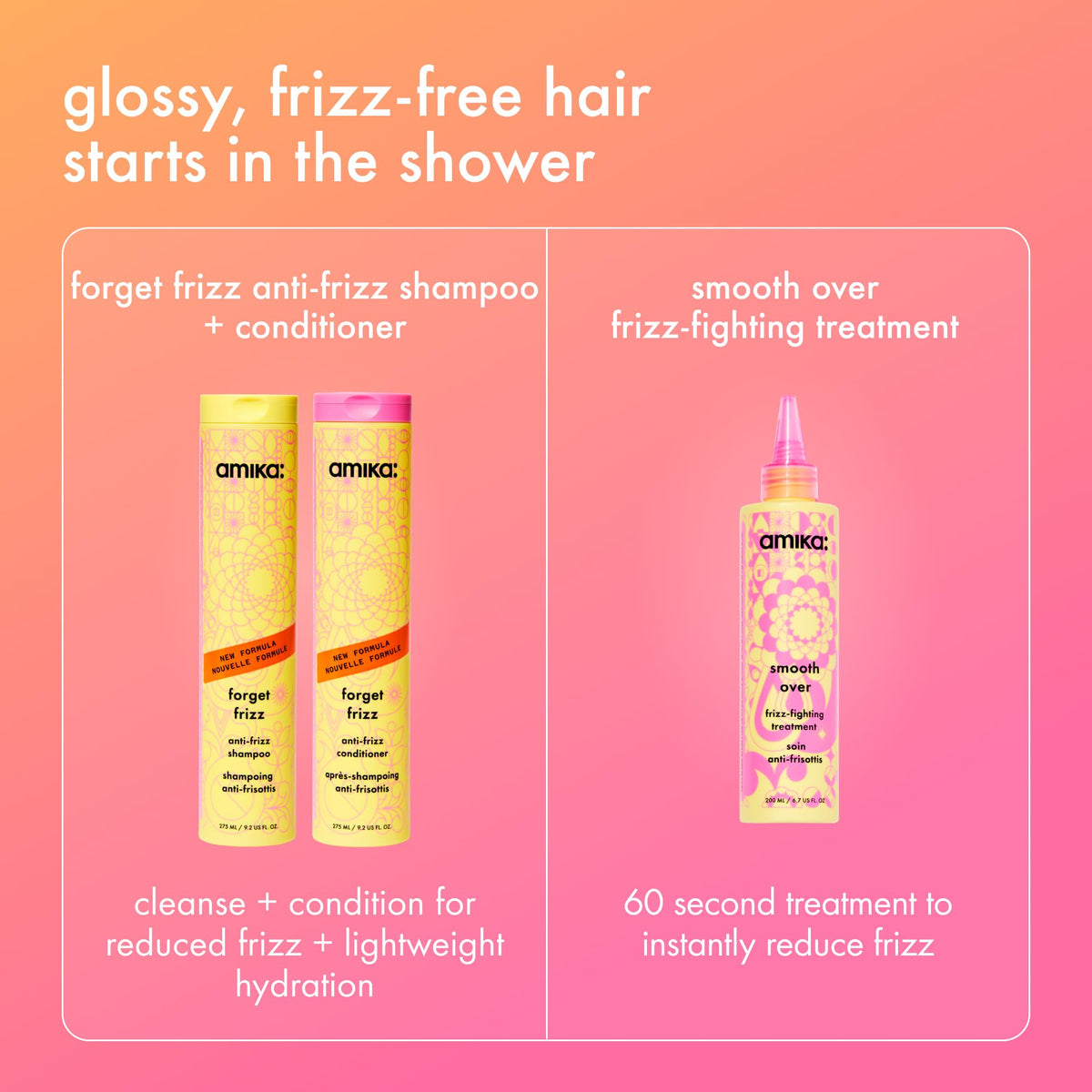 Amika shampoo anti-frizz Forget Frizz 275ml avec cheveux lisses