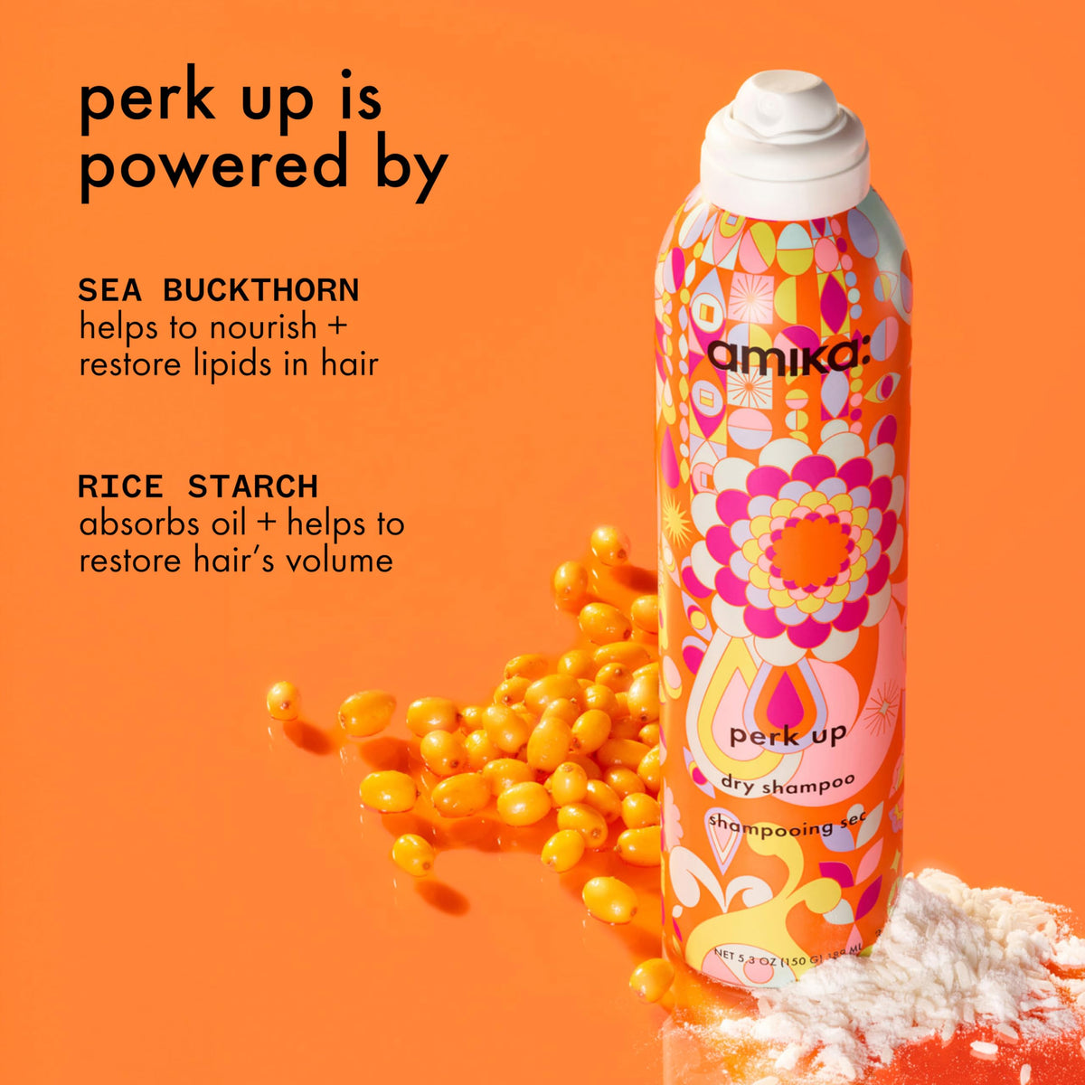 Amika Shampoo Sec Perk Up 340g présentée sur une coiffeuse