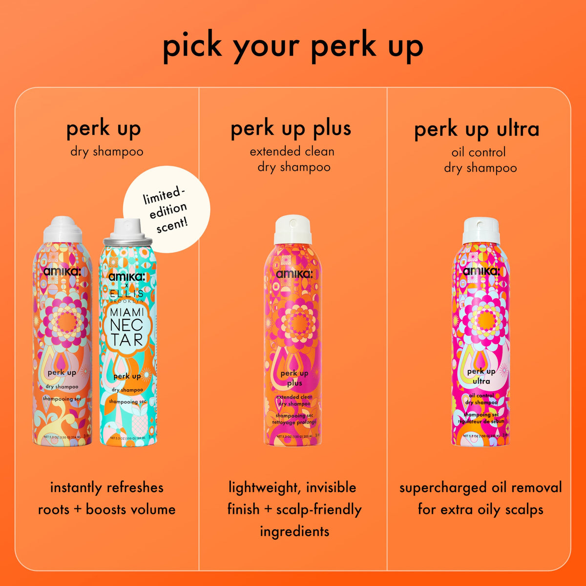 Amika Shampoo Sec Perk Up 340g sur un fond neutre