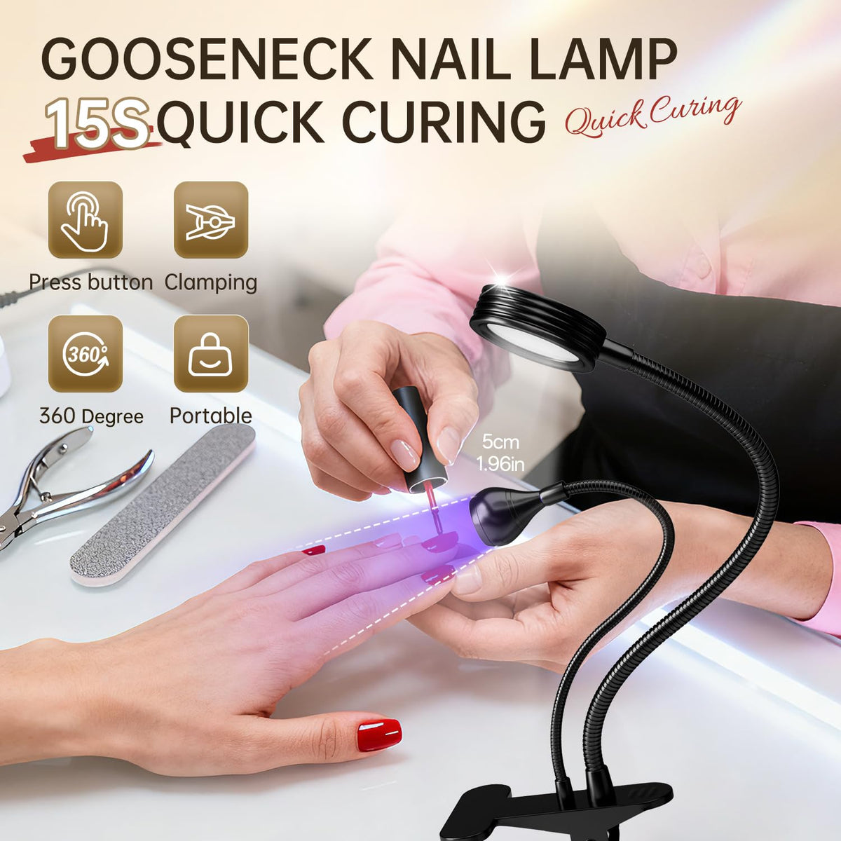 AORAEM Lampe UV LED pour Ongles, vue de dessus avec clip de fixation