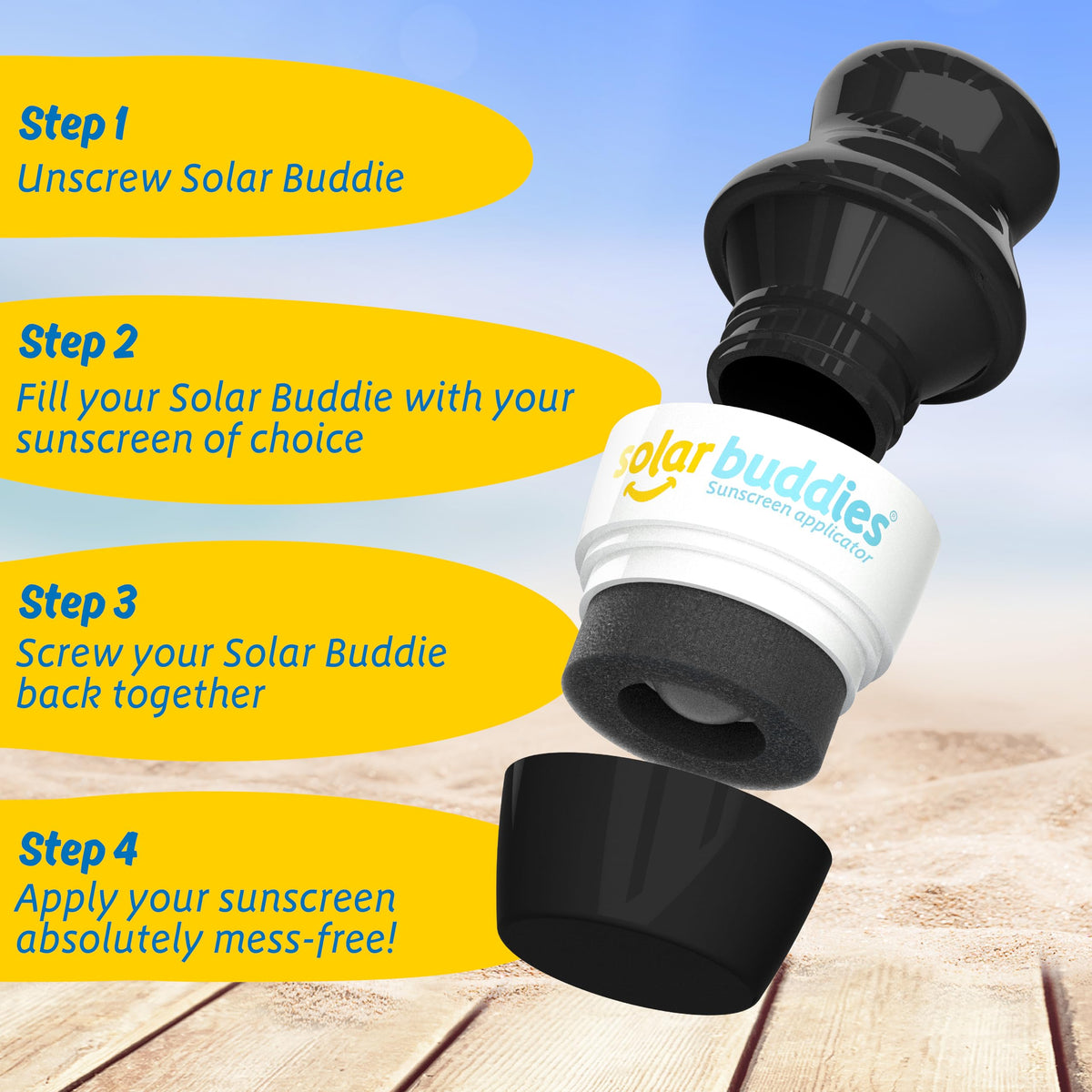 Applicateur de crème solaire Solar Buddies rempli avec de la crème solaire