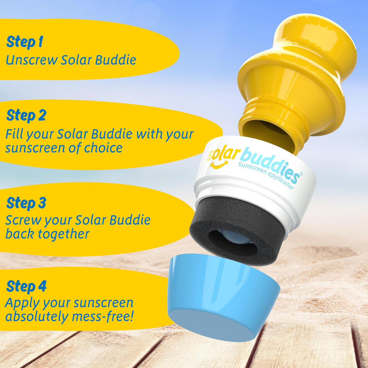 Applicateur de crème solaire Solar Buddies sur fond blanc