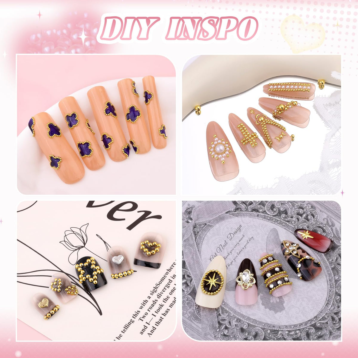 Application de charms à ongles en métal doré sur des ongles