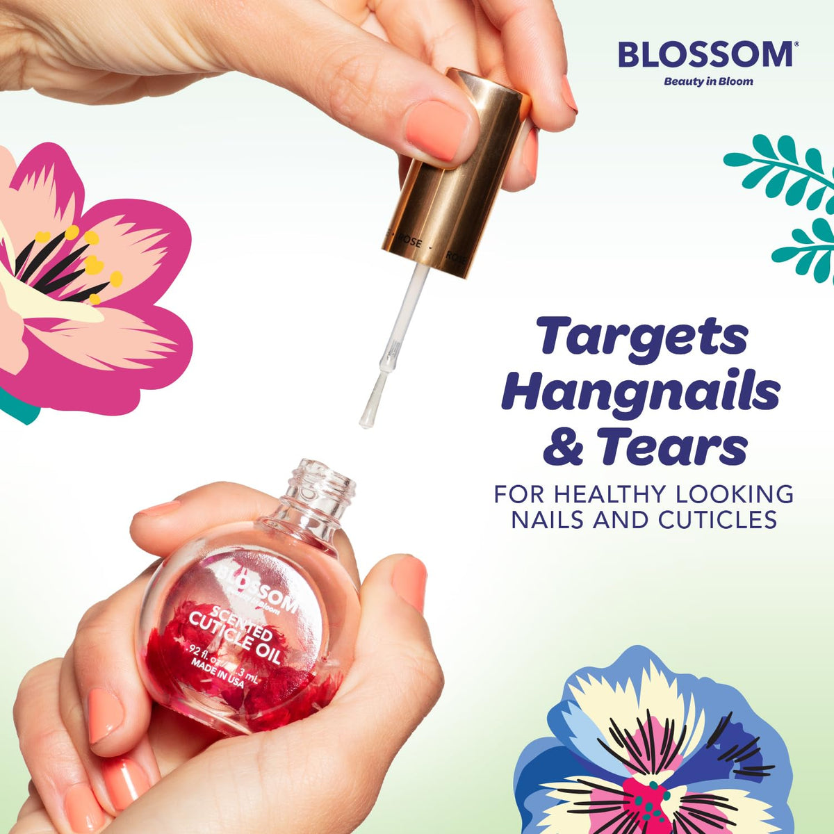 Application de l'huile à cuticules Blossom sur des ongles soignés