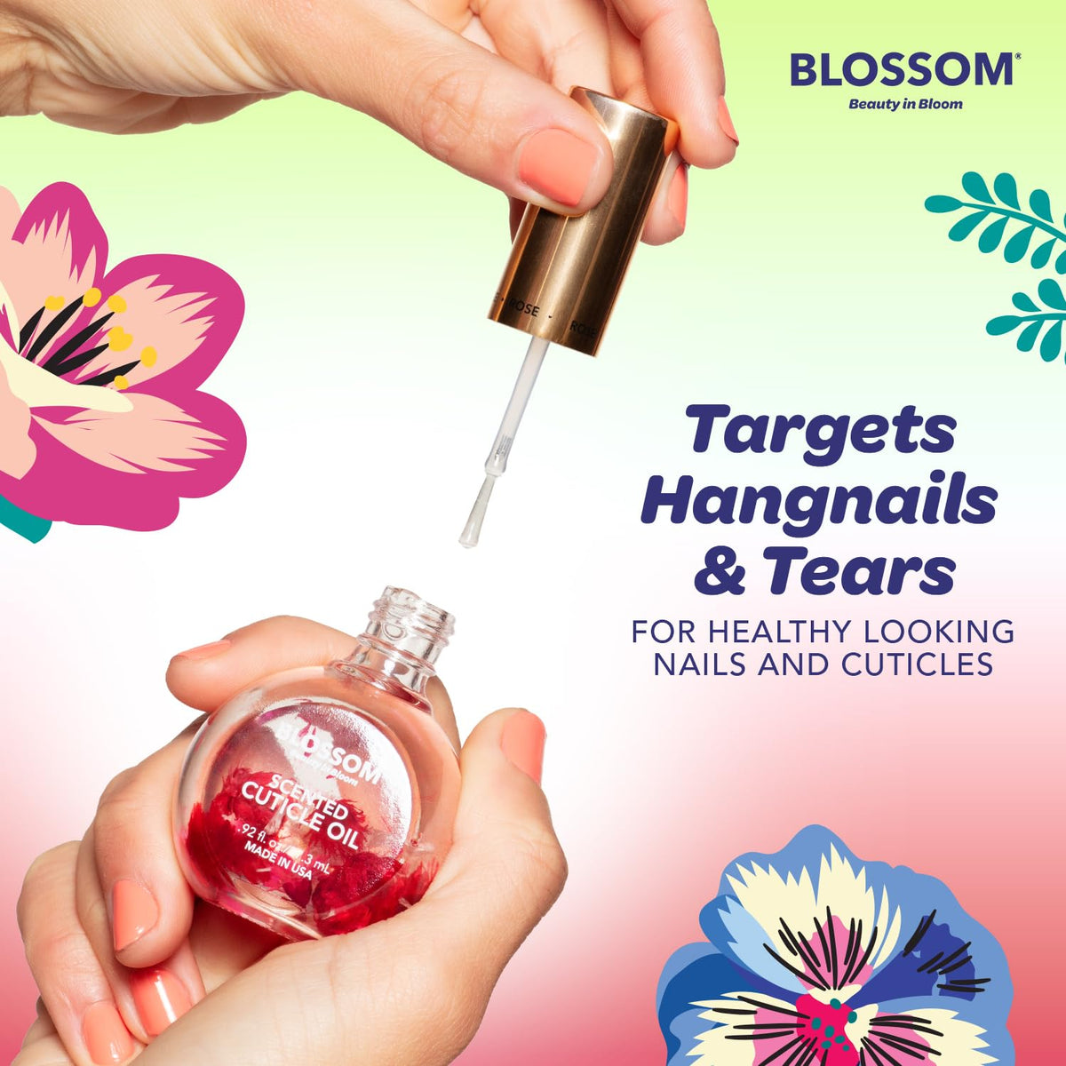 Application de l'huile pour cuticules Blossom sur des ongles