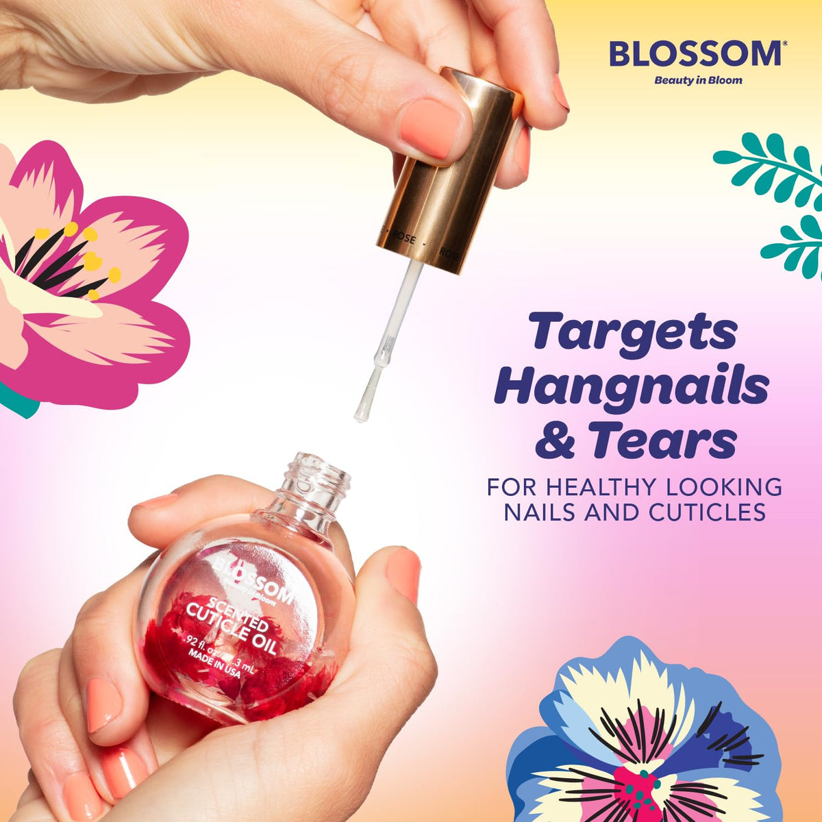 Application de l'huile pour cuticules Blossom sur des ongles soignés