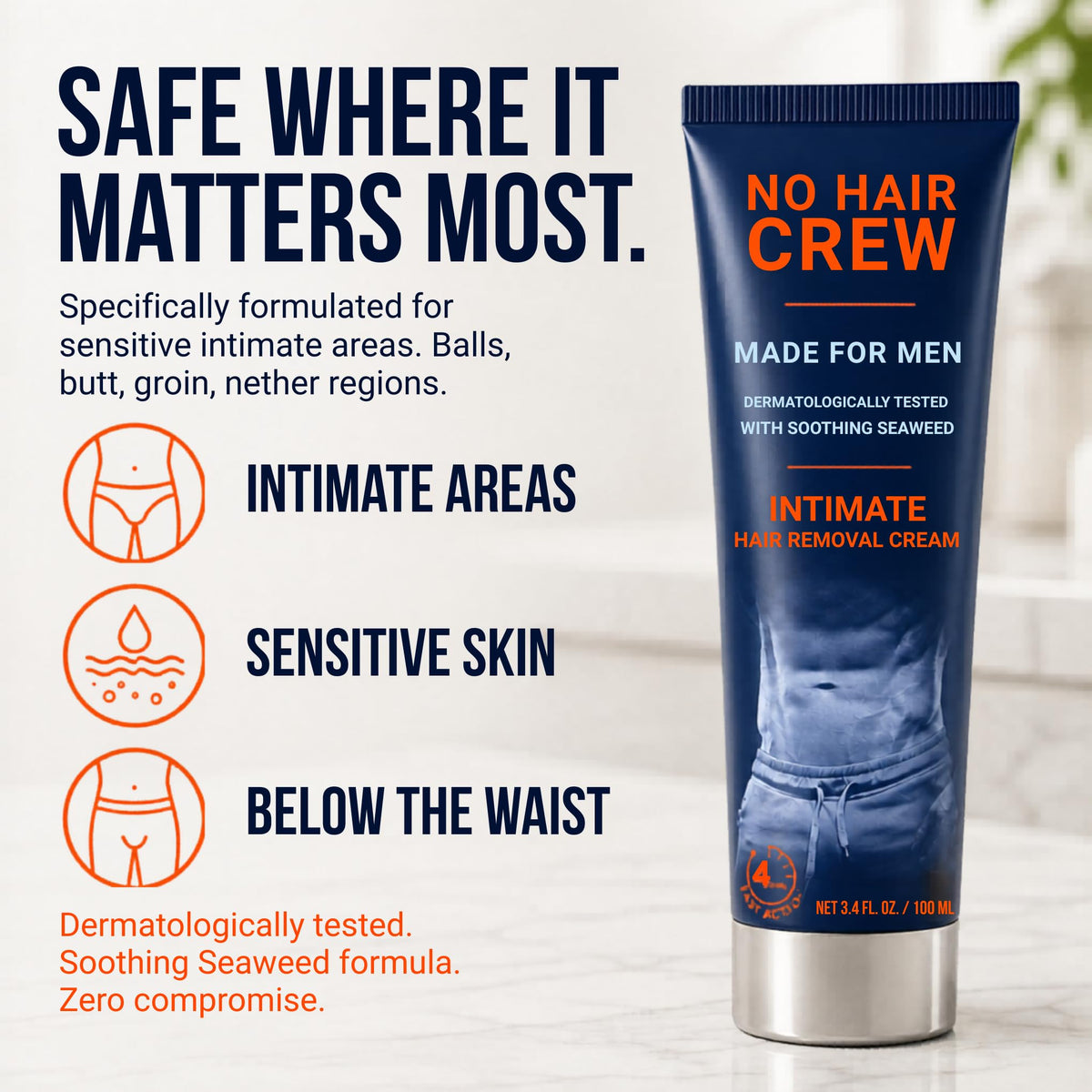 Application de la crème dépilatoire intime NO HAIR CREW sur la peau