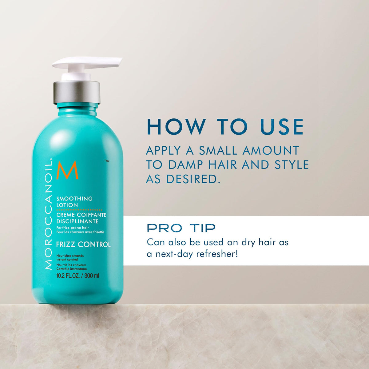 Application de la lotion lissante Moroccanoil sur cheveux
