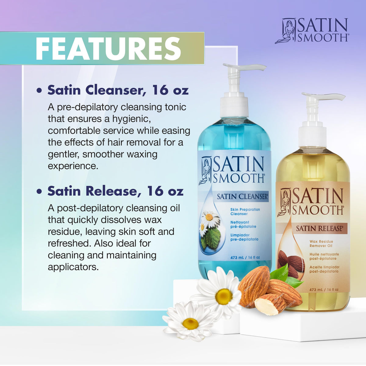 Application de nettoyant pré épilation SATIN SMOOTH sur la peau