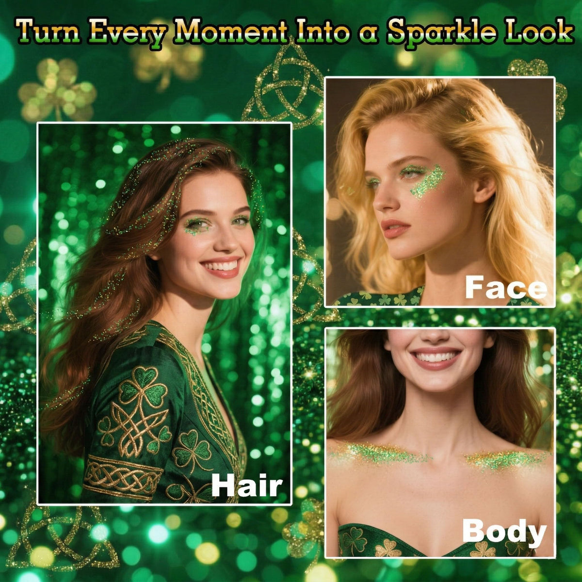 Application de paillettes vertes sur le visage