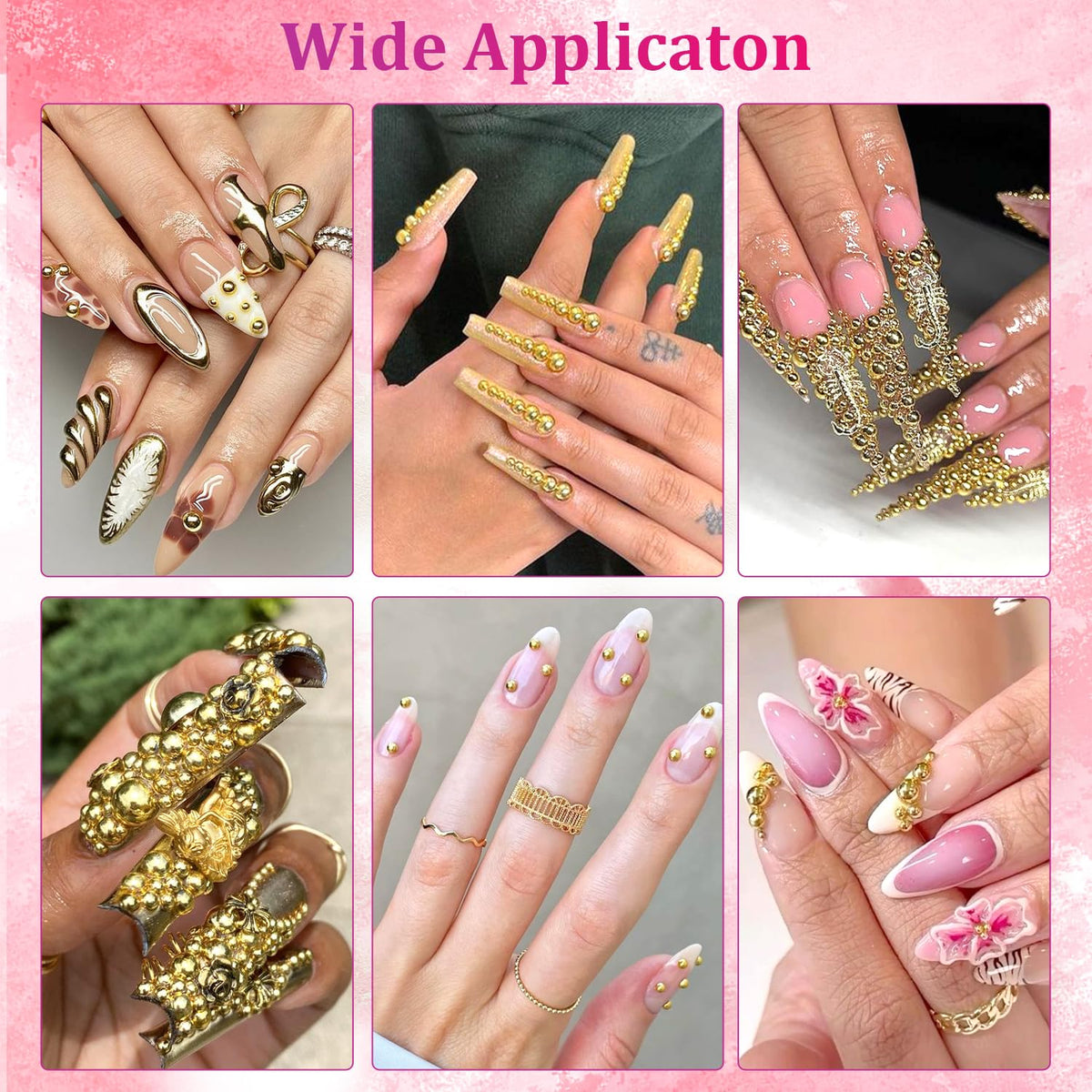 Application de perles dorées sur des ongles décorés