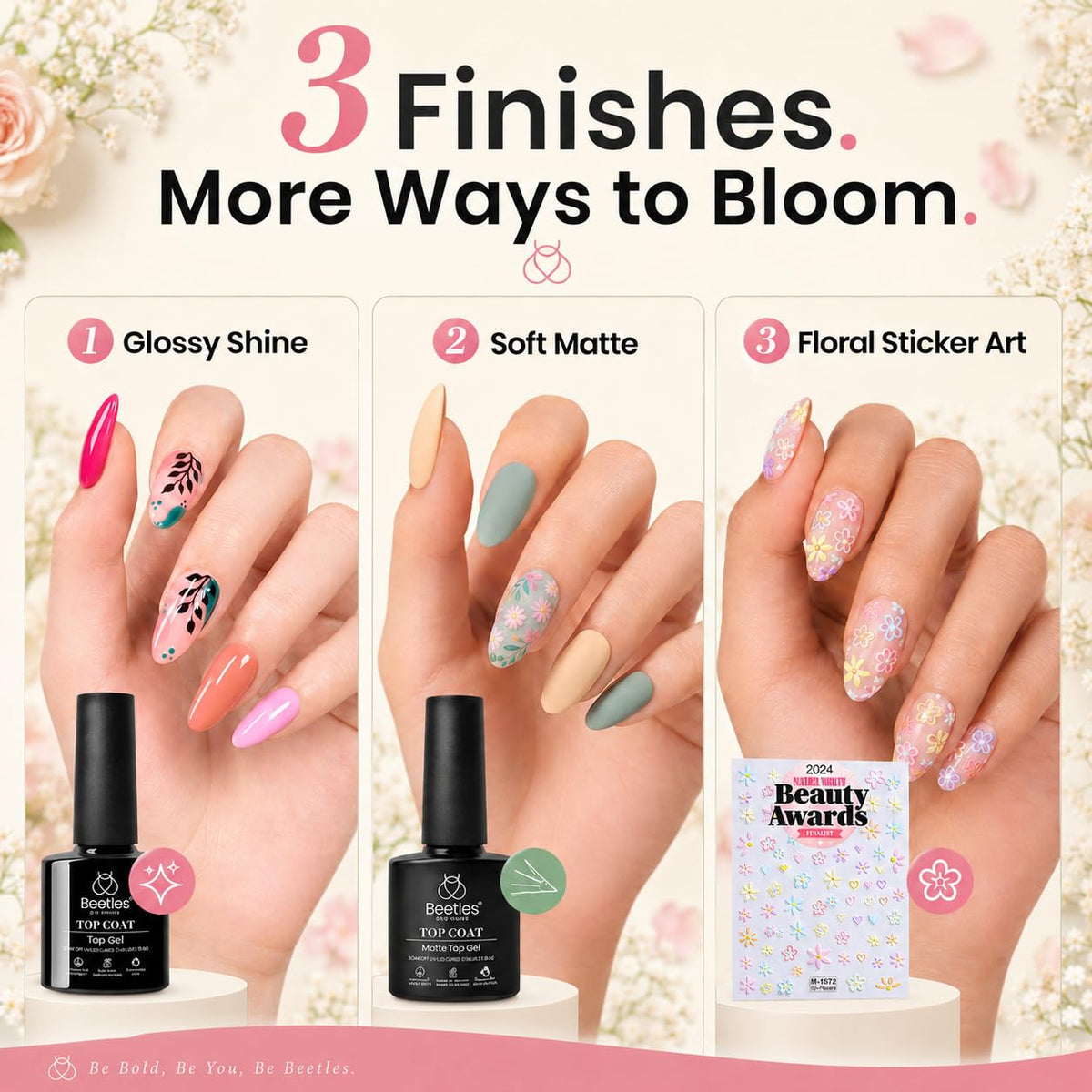 Application de vernis à ongles gel avec top coat brillant et stickers floraux