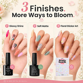 Application de vernis à ongles gel avec top coat brillant et stickers floraux