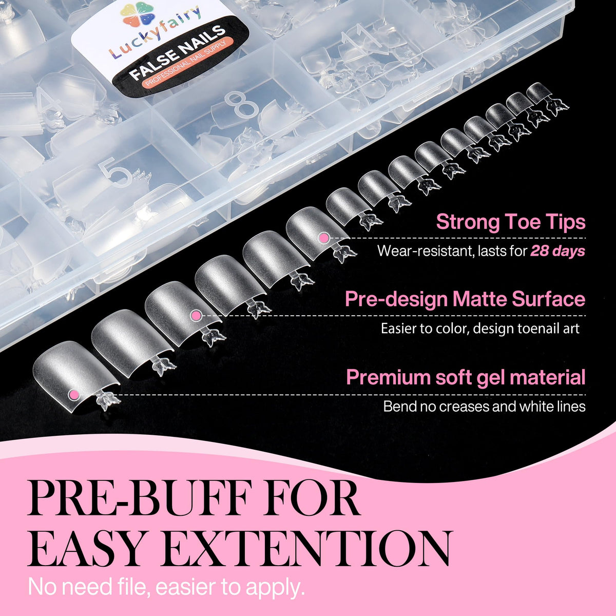 Application des faux ongles carrés Luckyfairy sur un pied