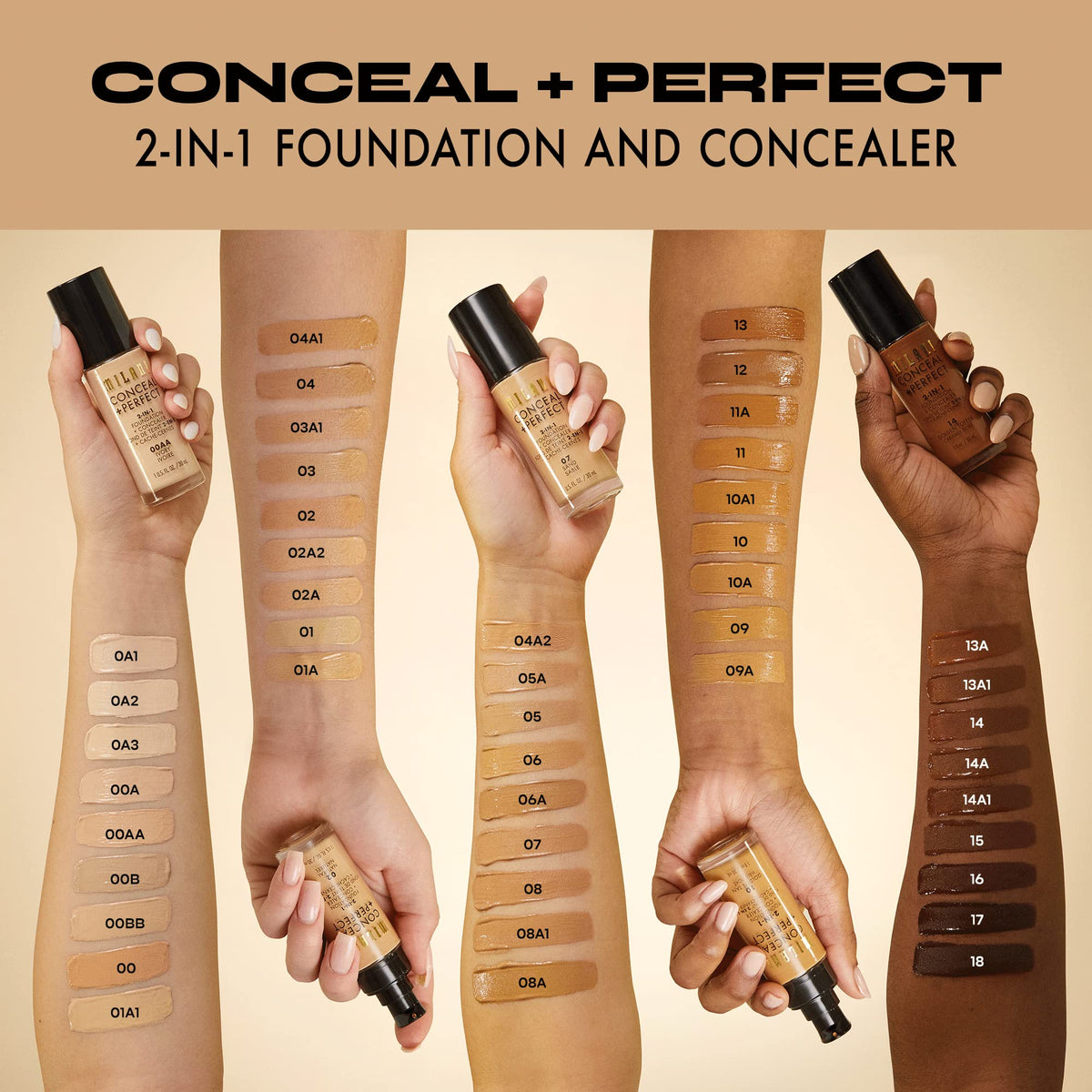 Application du fond de teint Milani sur un bras, texture fluide