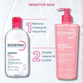 Application du gel nettoyant Bioderma sur le visage
