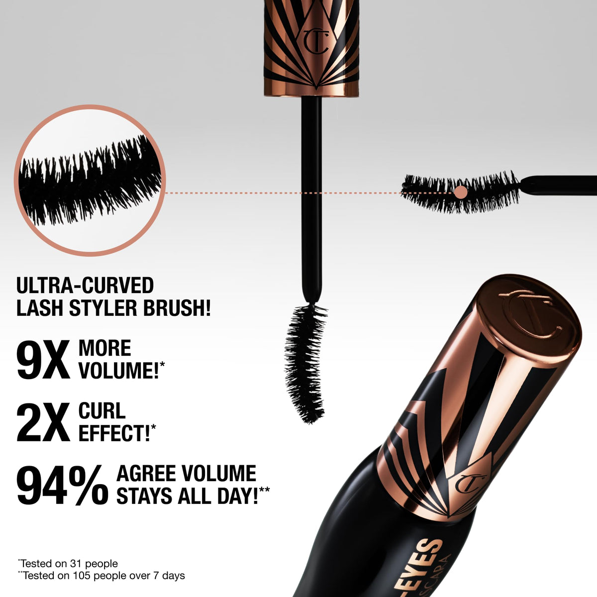 Application du mascara sur des cils avec brosse courbée