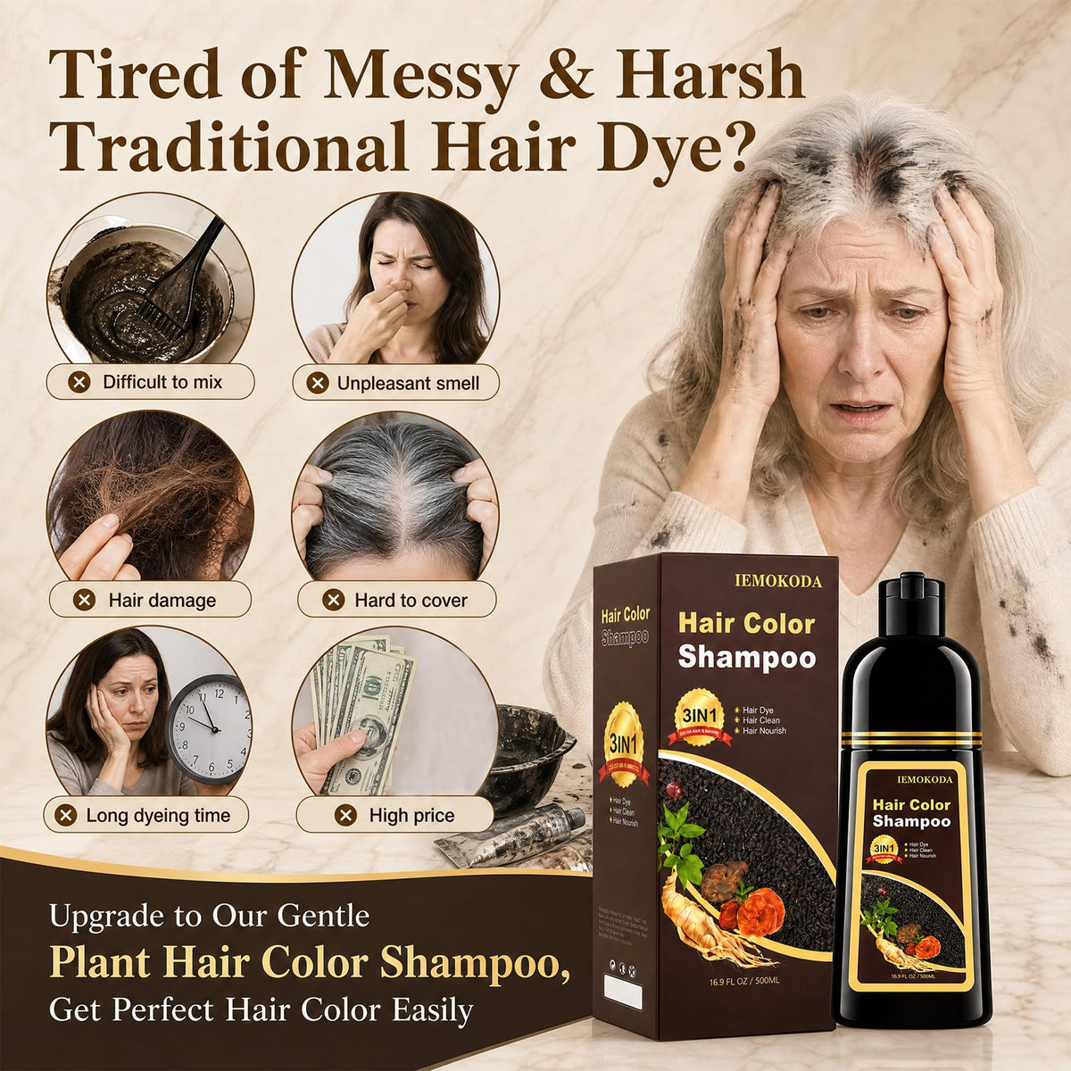 Application du shampooing colorant sur des cheveux
