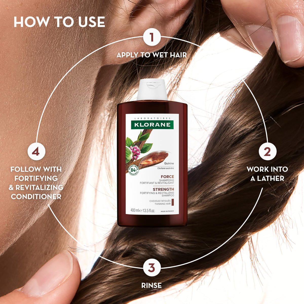 Application du Shampooing Klorane au Quinine sur les cheveux