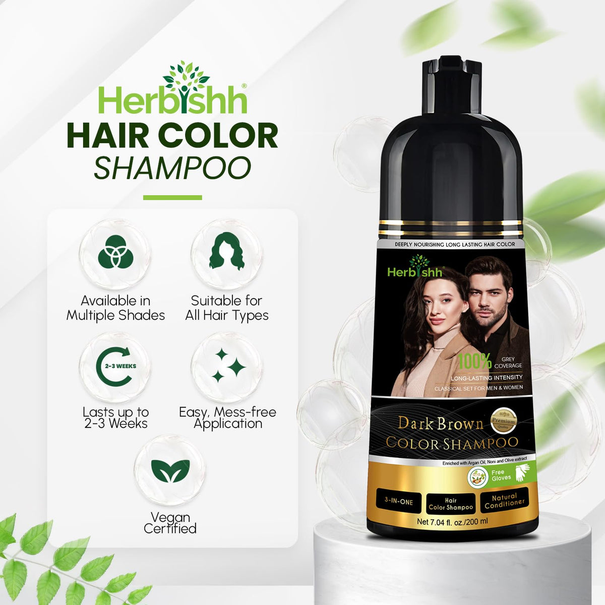 Application du shampooing teinture brun foncé Herbishh sur des cheveux