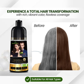 Application du shampooing teinture châtaigne sur des cheveux