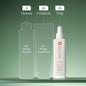 Application du spray Biolage sur cheveux mouillés
